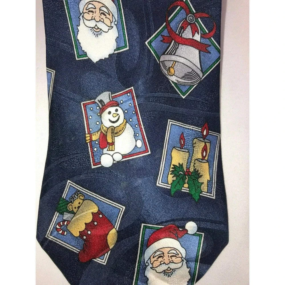 NOS‎ Massini Navy Christmas Santa Snowmen Candles Silk Neck Tie - Length 58